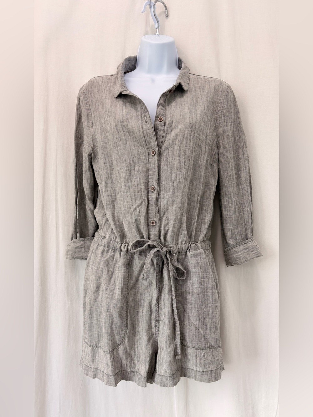 Level 99 Gray Linen Tencel Blend Short Romper Tie Waist Collard Small Boho Beach